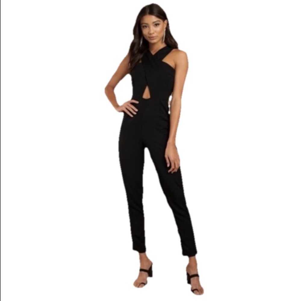 Express faux wrap front peekaboo cut out crisscross Black Jumpsuit hip pockets 6